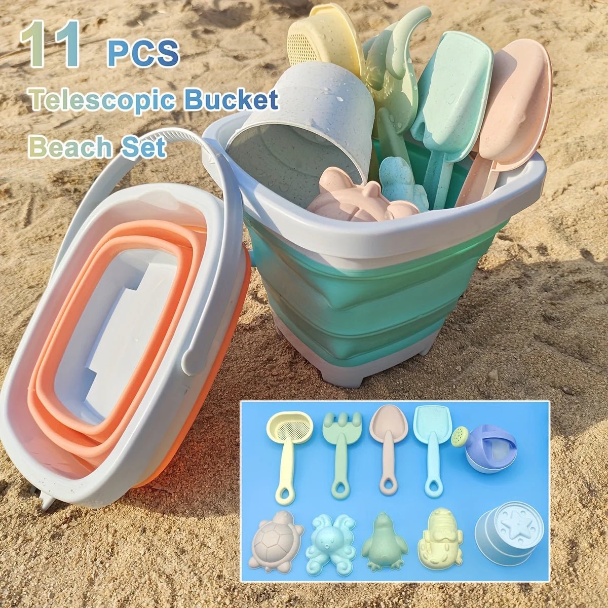 11 Piece Silicone Beach Bucket Play Set Kids Toy with Shovel Sand Moulds - LittleOzKid