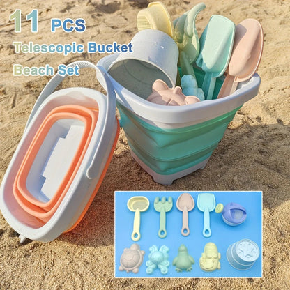 11 Piece Silicone Beach Bucket Play Set Kids Toy with Shovel Sand Moulds - LittleOzKid