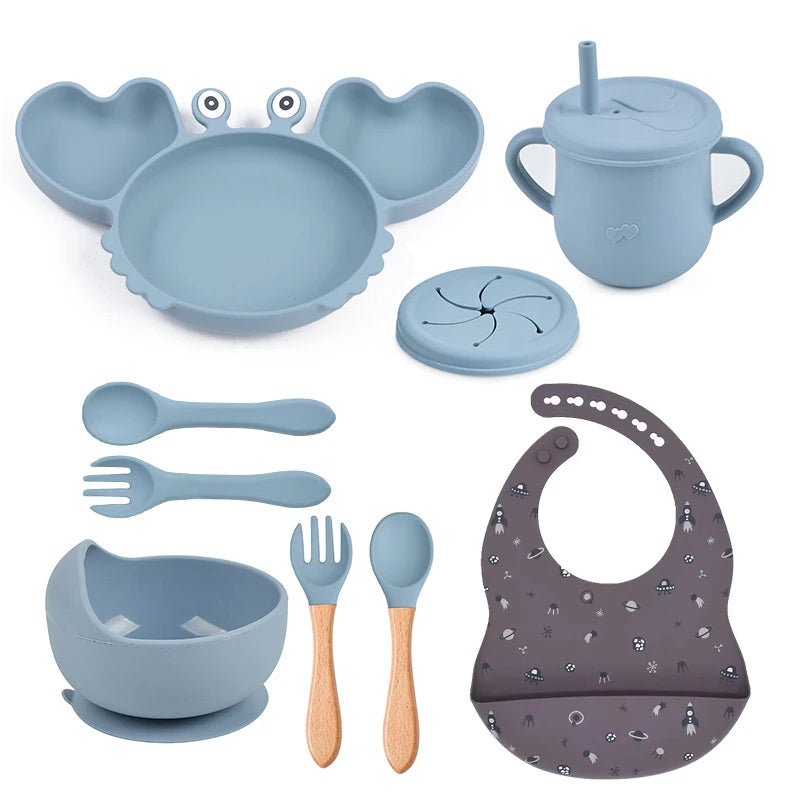 9Pcs Silicone Baby Feeding Set Dishwasher Safe Suction Bowl Bib Plate Spoon Cup (BPA Free) - LittleOzKid