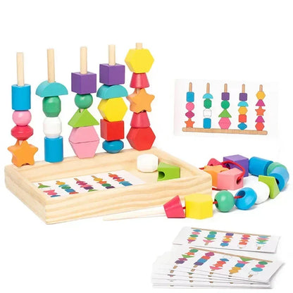 5-in-1 Montessori Wooden Pillar Toy Set – Color, Shape, Sorting & Beading Educational Game for Kids