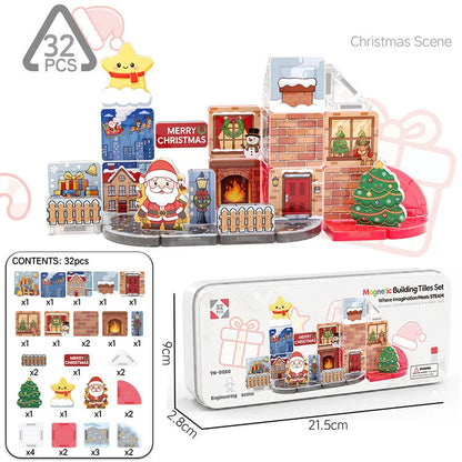 Christmas Mini Magnetic Blocks Puzzle Set For Kids With Portable Iron Box