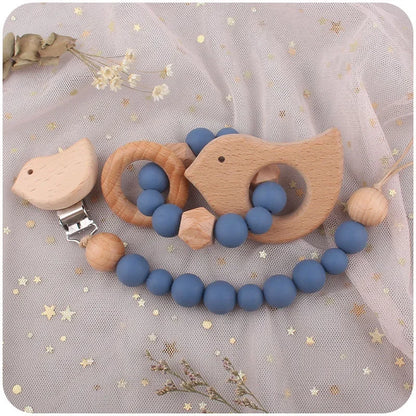 2Pcs Baby Pacifier Clip Wooden Teethers Bracelet Set, Teething Toy Anti-lost Chain