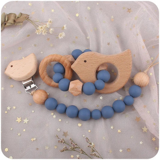 2Pcs Baby Pacifier Clip Wooden Teethers Bracelet Set, Teething Toy Anti-lost Chain