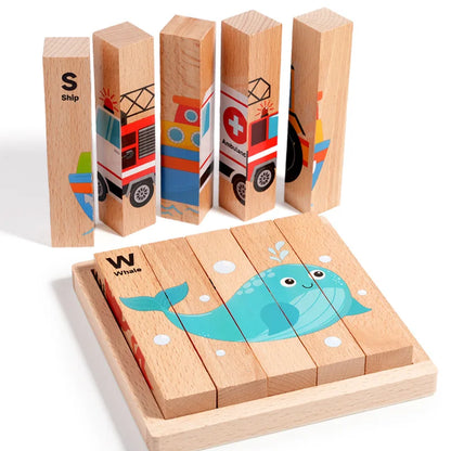 4-in-1 Mntessori 3D Wooden Animal & Transport Block Puzzle