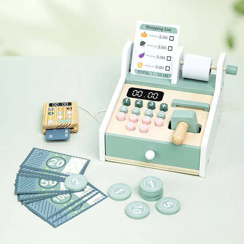 Montessori Kids Wooden Simulation Supermarket Checkout & Cash Register