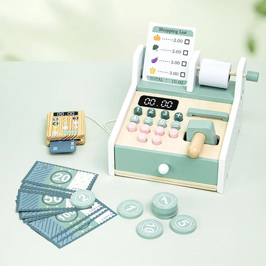 Wooden Supermarket Checkout Counter & Cash Register Toy, Kids Pretend Play Set