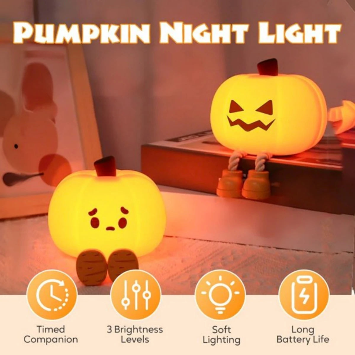 Cute Halloween Lantern Pumpkin Night Light, Rechargeable Silicone Lamp
