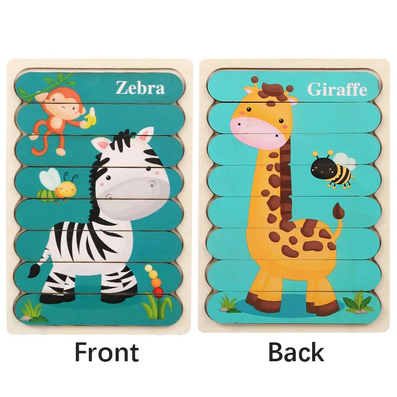 Double-Sided Wooden Word Strip Puzzle, Animal & Vehicle Montessori Matching Game (Buy 3 for $64)