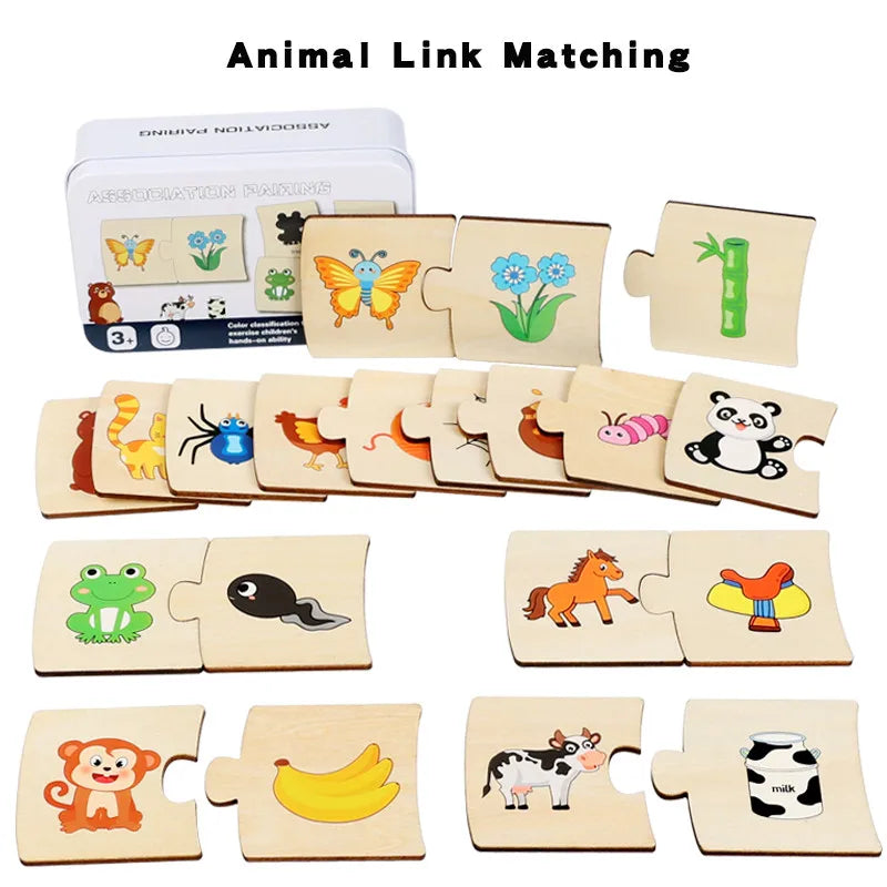 Wooden Animal & Food Matching Puzzle Toy, Toddler Learning Game