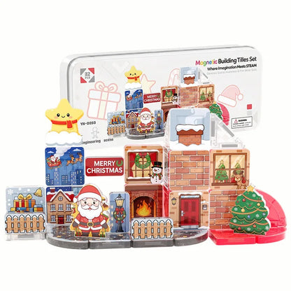 Christmas Mini Magnetic Blocks Puzzle Set For Kids With Portable Iron Box