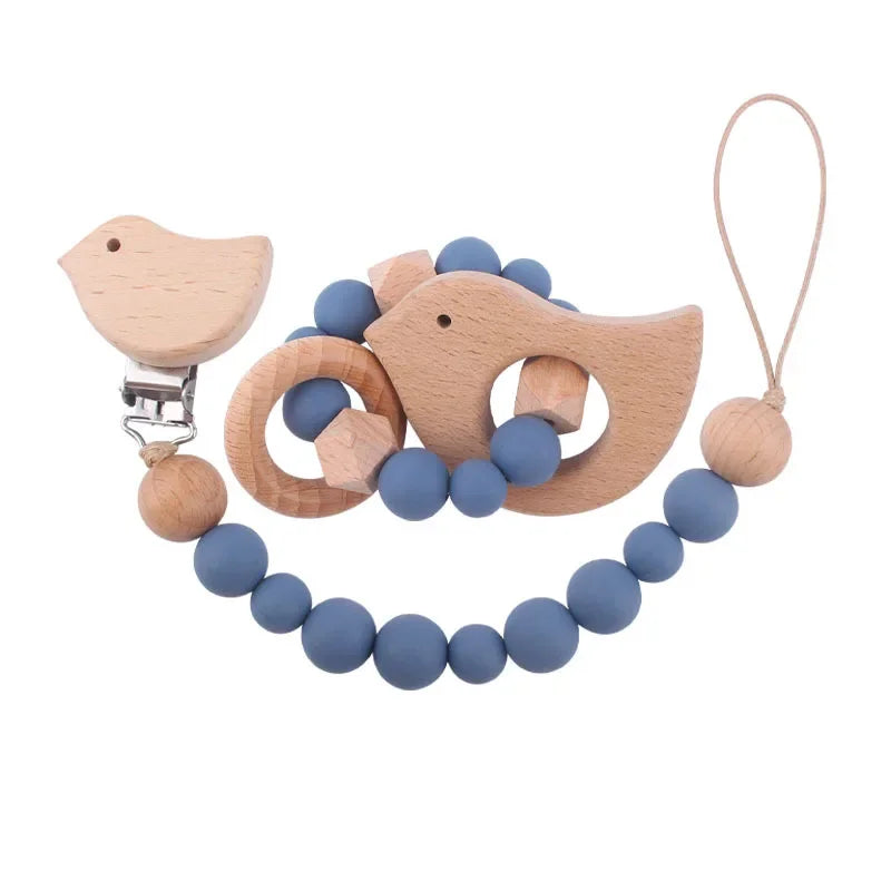 2Pcs Baby Pacifier Clip Wooden Teethers Bracelet Set, Teething Toy Anti-lost Chain