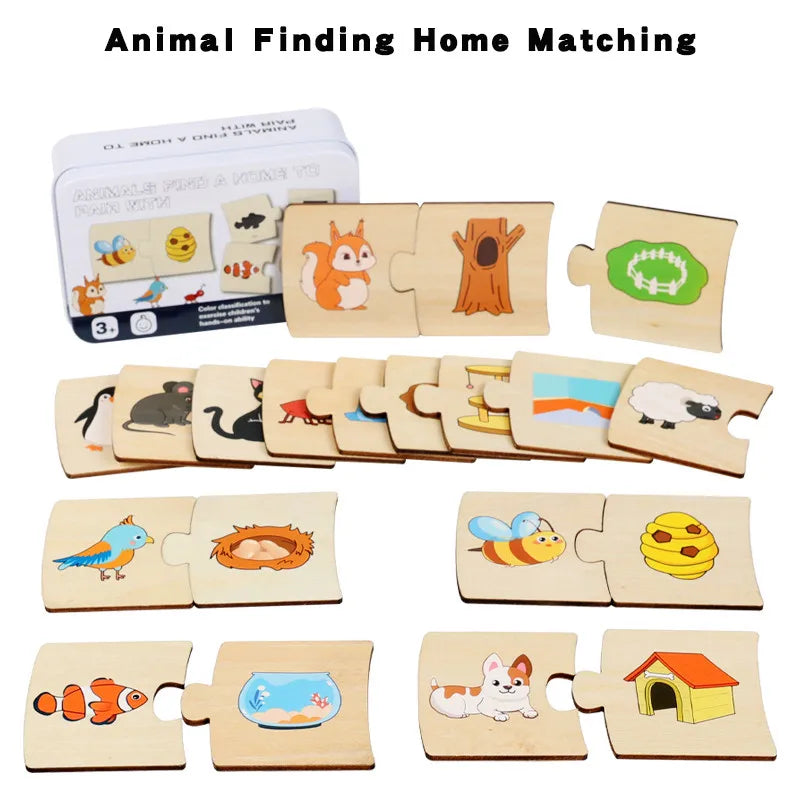 Wooden Animal & Food Matching Puzzle Toy, Toddler Learning Game