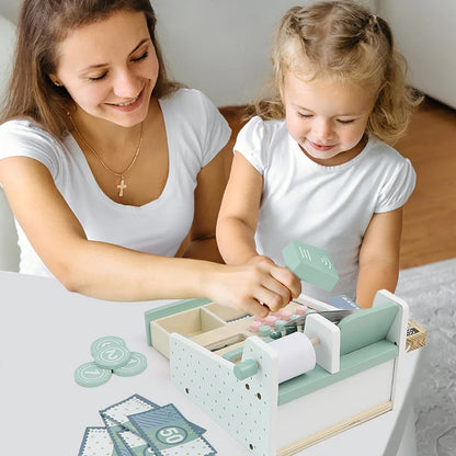 Montessori Kids Wooden Simulation Supermarket Checkout & Cash Register