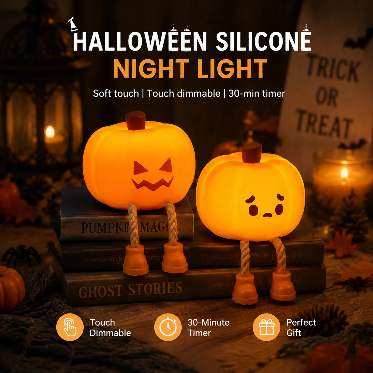 Cute Halloween Lantern Pumpkin Night Light, Rechargeable Silicone Lamp