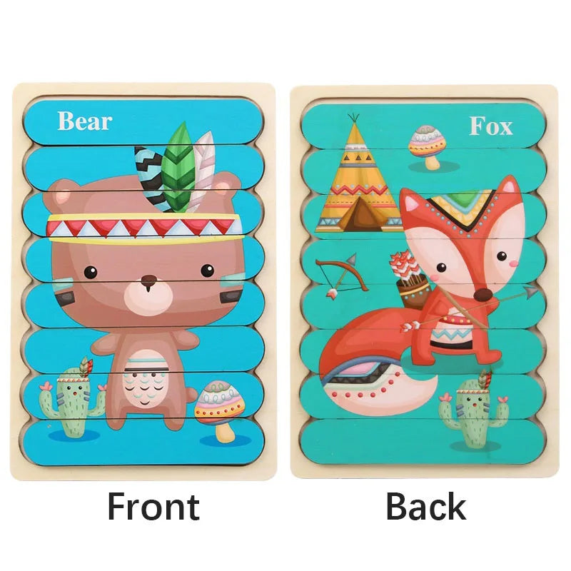 Montessori Cartoon Animal Double-Sided Wooden Strip Puzzle – (Buy 3 for $49)