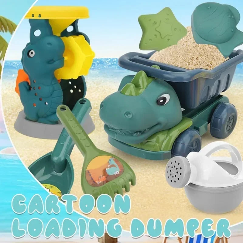 Dinosaur Beach Toy Car & Shovel Set, Sand Toys with Hourglass Dredger Fun Beach Activity