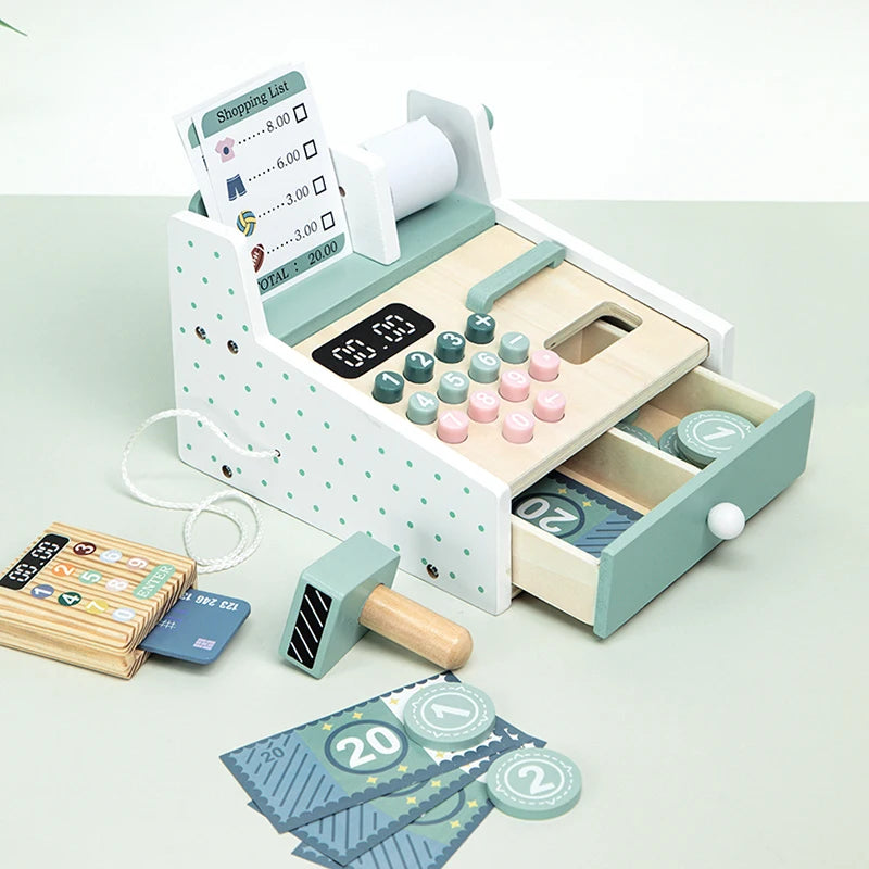 Montessori Kids Wooden Simulation Supermarket Checkout & Cash Register