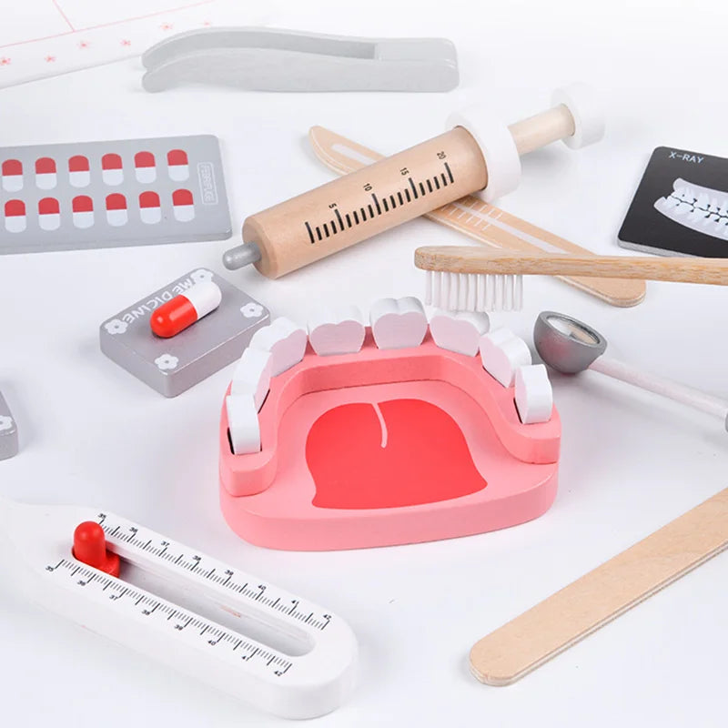 Wooden Kids Dentist Toy Set, Doctor Pretend Role Play Medicine Box Set - LittleOzKid