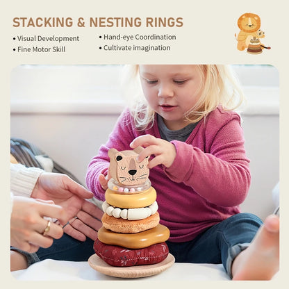 Montessori Wooden Stacking Pole Toy, Sensory Building Game with Soft Cotton Teether & Rattle