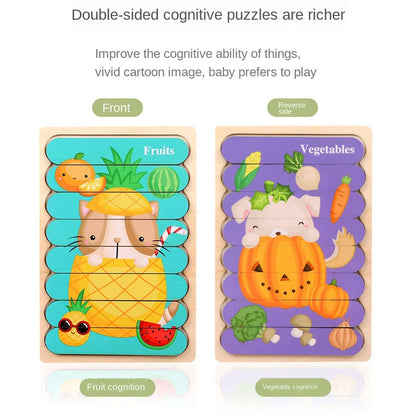 Montessori Cartoon Animal Double-Sided Wooden Strip Puzzle – (Buy 3 for $49)