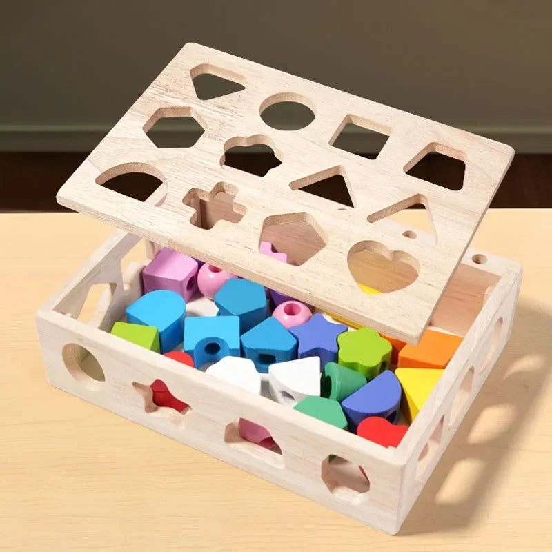5-in-1 Montessori Wooden Pillar Toy Set – Color, Shape, Sorting & Beading Educational Game for Kids