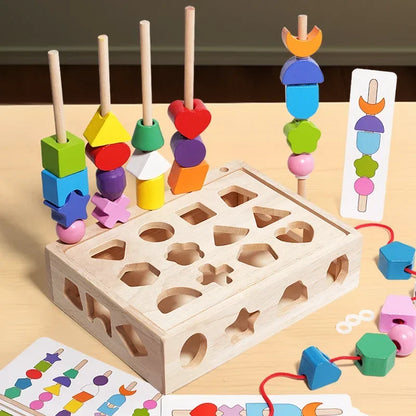 5-in-1 Montessori Wooden Pillar Toy Set – Color, Shape, Sorting & Beading Educational Game for Kids