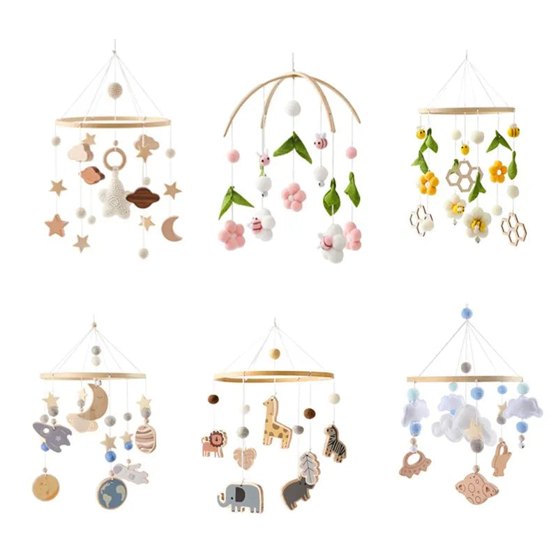 Baby Rattle Nursery Wooden Crib,Cot Hanging Toy Mobile with Music Box and Bed Bell