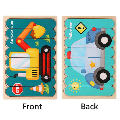 Double-Sided Wooden Word Strip Puzzle, Animal & Vehicle Montessori Matching Game (Buy 3 for $64)