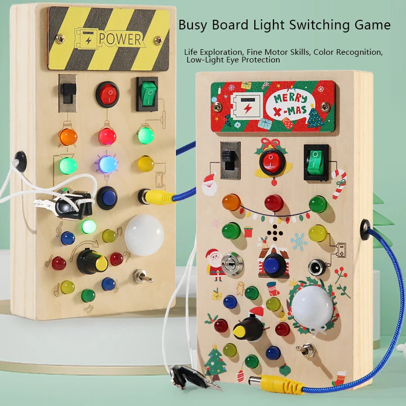 Montessori Toddler Wooden Busy Board – Sensory Light Switch Toy with 8 LED Lights