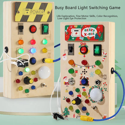 Montessori Toddler Wooden Busy Board – Sensory Light Switch Toy with 8 LED Lights