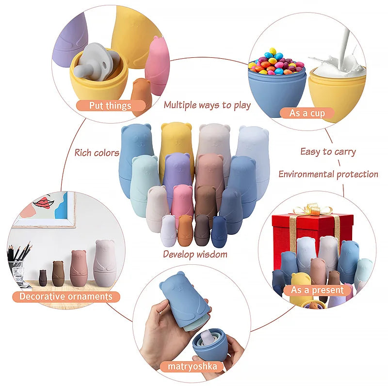 Silicone Bear Family Nesting Dolls for Hand-Eye Coordination, Stacked building blocks