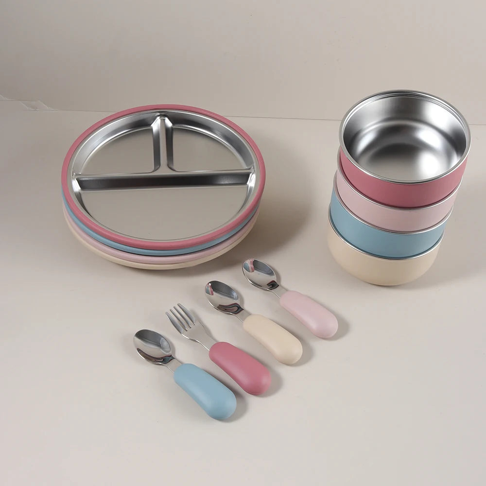 4PCS Stainless Steel Baby Feeding Set with Silicone Bowl