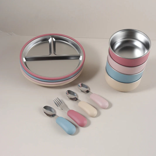 4PCS Stainless Steel Baby Feeding Set with Silicone Bowl