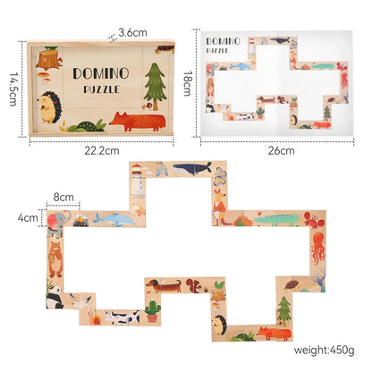 Wooden Cartoon Animal Domino & Puzzle Stack Blocks – Educational Montessori Toy