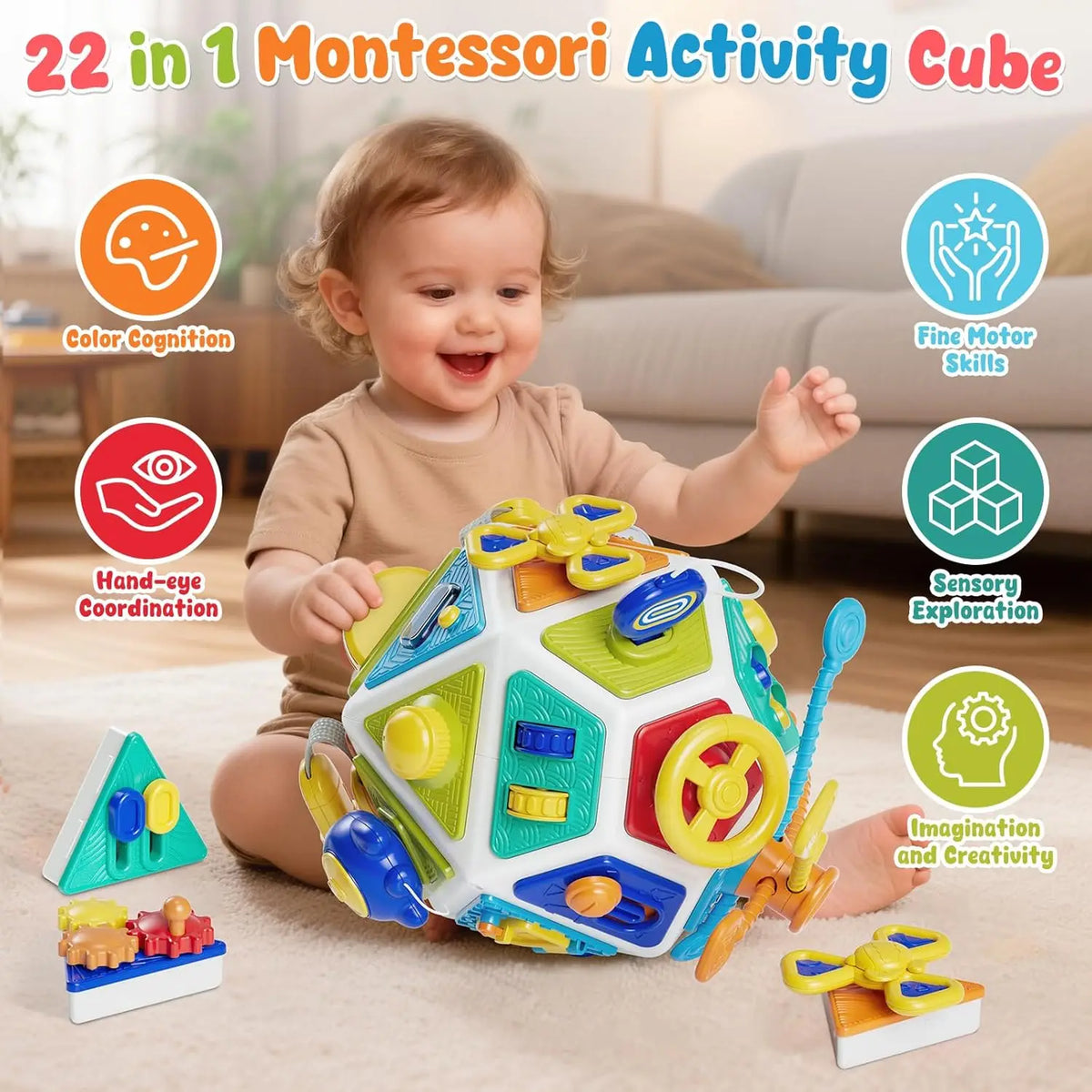 Montessori Sensory Activity Busy Cube for Baby and Toddler, Fine Motor Skills Toy