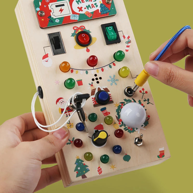 Montessori Toddler Wooden Busy Board – Sensory Light Switch Toy with 8 LED Lights