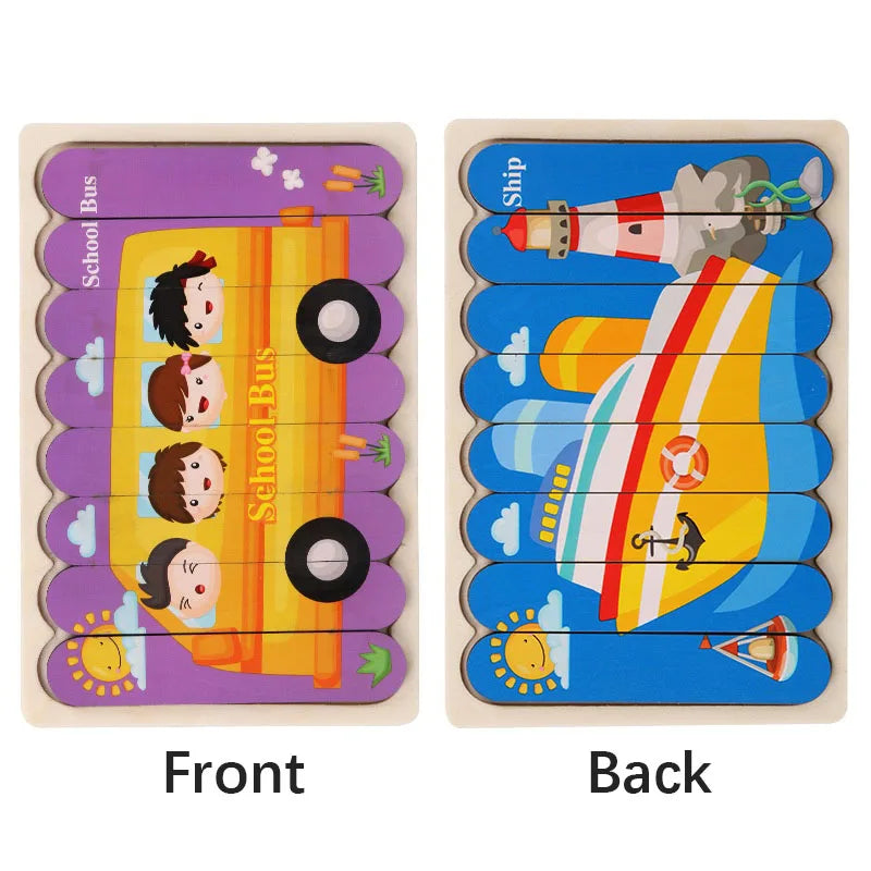 Montessori Cartoon Animal Double-Sided Wooden Strip Puzzle – (Buy 3 for $49)
