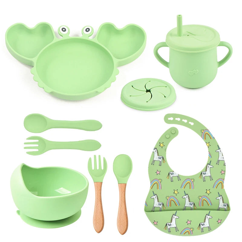 9Pcs Silicone Baby Feeding Set Dishwasher Safe Suction Bowl Bib Plate Spoon Cup (BPA Free) - LittleOzKid
