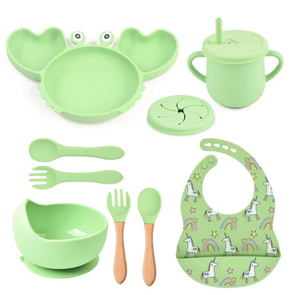 9Pcs Silicone Baby Feeding Set Dishwasher Safe Suction Bowl Bib Plate Spoon Cup (BPA Free) - LittleOzKid