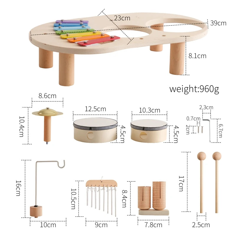 7 in 1 Montessori Percussion Set, Kids Musical Instruments Toy, Xylophone Drum Kit, Aeolian Bells