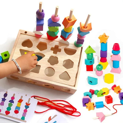 5-in-1 Montessori Wooden Pillar Toy Set – Color, Shape, Sorting & Beading Educational Game for Kids