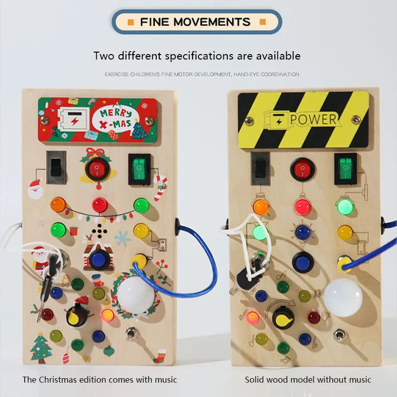 Montessori Toddler Wooden Busy Board – Sensory Light Switch Toy with 8 LED Lights