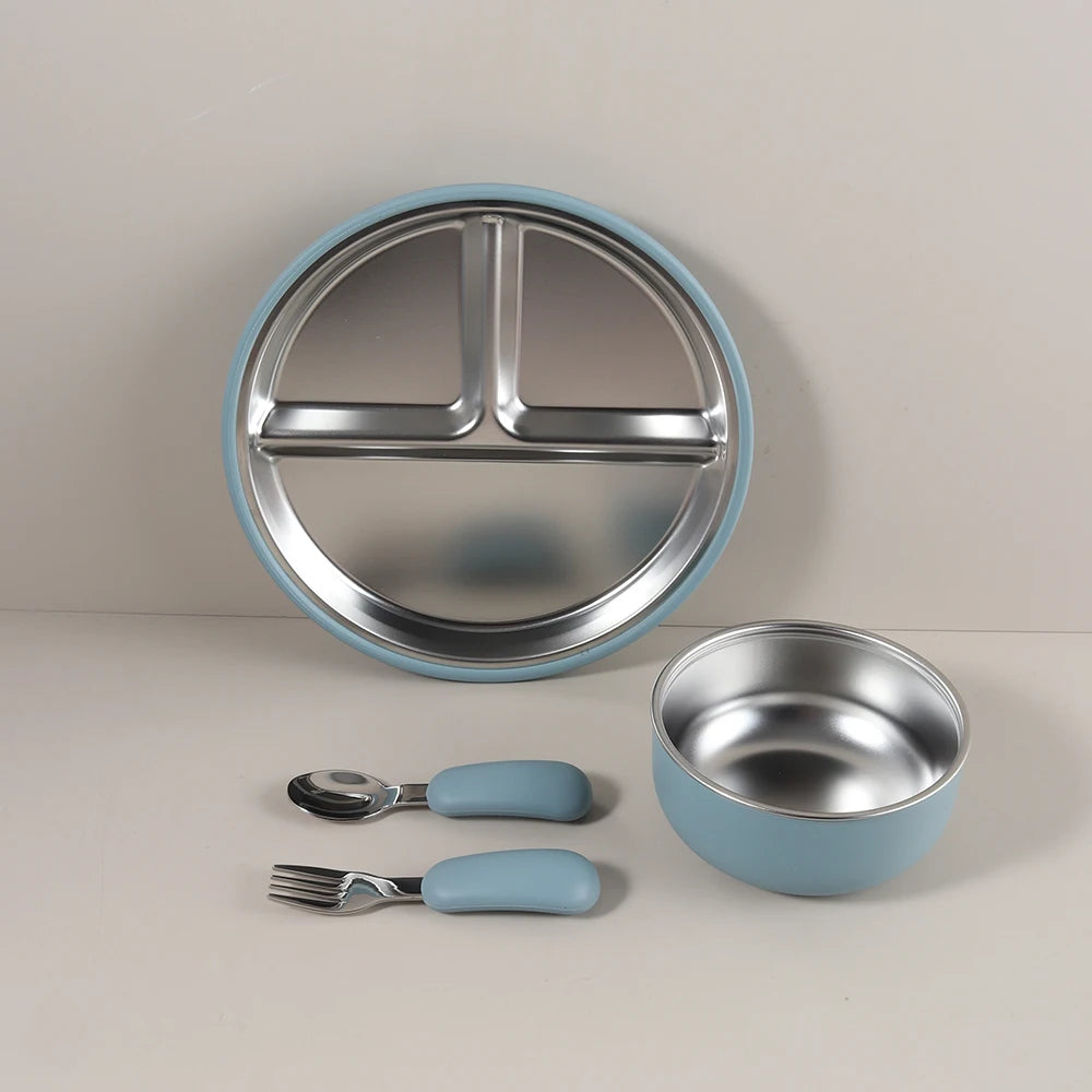 4PCS Stainless Steel Baby Feeding Set with Silicone Bowl