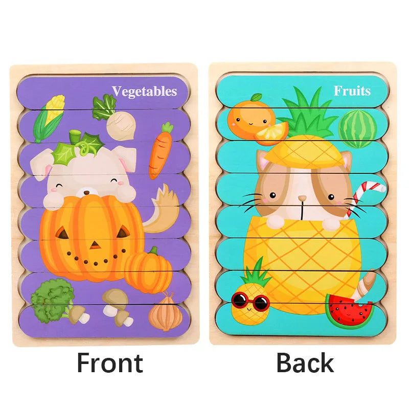 Montessori Cartoon Animal Double-Sided Wooden Strip Puzzle – (Buy 3 for $49)