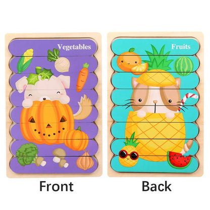 Montessori Cartoon Animal Double-Sided Wooden Strip Puzzle – (Buy 3 for $49)