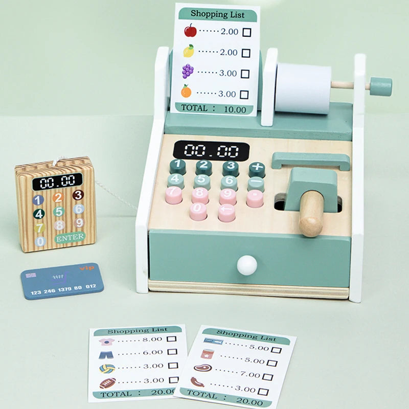 Montessori Kids Wooden Simulation Supermarket Checkout & Cash Register