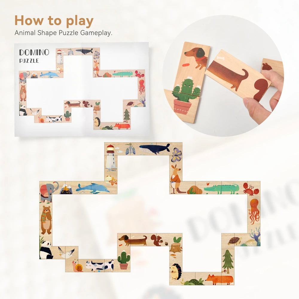 Wooden Cartoon Animal Domino & Puzzle Stack Blocks – Educational Montessori Toy