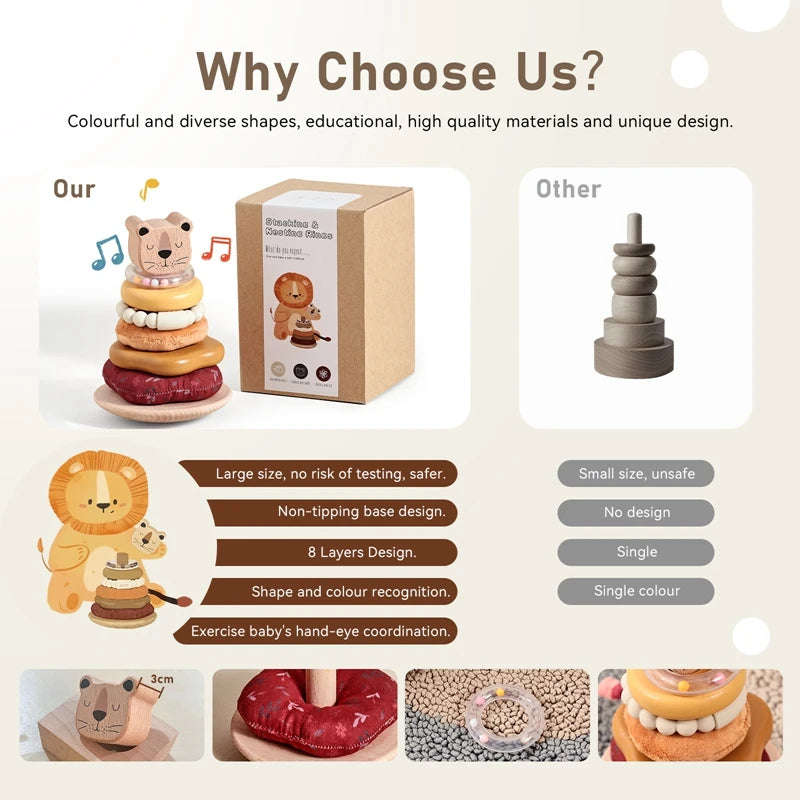 Montessori Wooden Stacking Pole Toy, Sensory Building Game with Soft Cotton Teether & Rattle