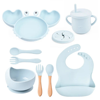 9Pcs Silicone Baby Feeding Set Dishwasher Safe Suction Bowl Bib Plate Spoon Cup (BPA Free) - LittleOzKid