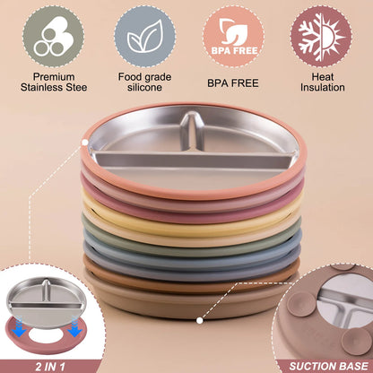 Stainless Steel Baby Feeding Plate with Detachable Suction